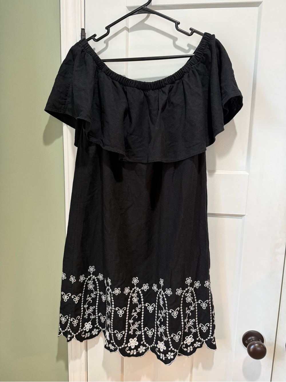 Old Navy Black Off Shoulder Ruffle Dress with White Embroidery